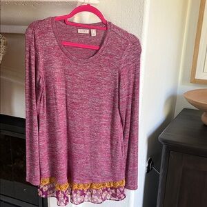 LOGO by Lori Goldstein Maroon Long Sleeve Top with Floral Trim